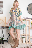 BlueVelvet Mixed Print Patchwork Mini Dress in Navy-Peach