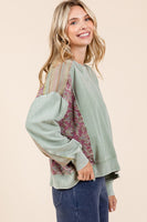 Mittoshop Mineral Washed Top with Paisley and Striped Mixed Prints in Sage Combo