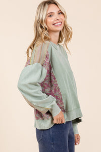 Mittoshop Mineral Washed Top with Paisley and Striped Mixed Prints in Sage Combo