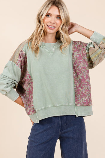 Mittoshop Mineral Washed Top with Paisley and Striped Mixed Prints in Sage Combo