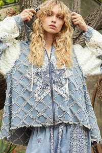 POL OVERSIZED Front Jacquard Star Patched Hooded Jacket in Denim Multi