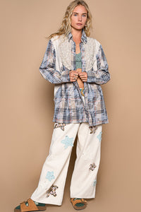 POL OVERSIZED Flannel Top with Contrasting Fabric Details in Mocha Multi