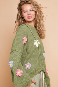 POL Knitted Hooded Sweater with Multi Colored Flower Appliques in Olive