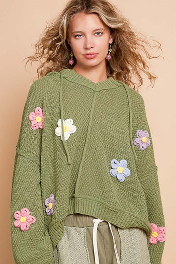 POL Knitted Hooded Sweater with Multi Colored Flower Appliques in Olive