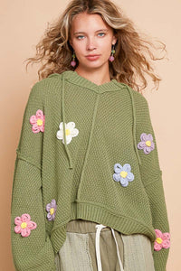 POL Knitted Hooded Sweater with Multi Colored Flower Appliques in Olive