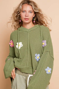 POL Knitted Hooded Sweater with Multi Colored Flower Appliques in Olive