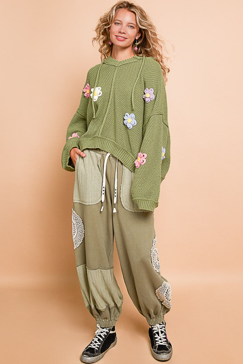 POL Knitted Hooded Sweater with Multi Colored Flower Appliques in Olive