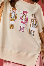 Load image into Gallery viewer, Peach Love OVERSIZED Terry Knit Sweatshirt with Contrasting Sleeves and Sequin Nutcrackers in Cream/Taupe
