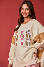 Load image into Gallery viewer, Peach Love OVERSIZED Terry Knit Sweatshirt with Contrasting Sleeves and Sequin Nutcrackers in Cream/Taupe
