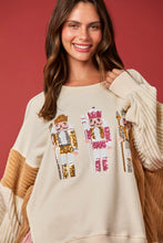 Load image into Gallery viewer, Peach Love OVERSIZED Terry Knit Sweatshirt with Contrasting Sleeves and Sequin Nutcrackers in Cream/Taupe
