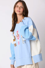 Load image into Gallery viewer, Peach Love OVERSIZED Terry Knit Sweatshirt with Contrasting Sleeves and Sequin Nutcrackers in Baby Blue/White
