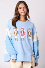 Load image into Gallery viewer, Peach Love OVERSIZED Terry Knit Sweatshirt with Contrasting Sleeves and Sequin Nutcrackers in Baby Blue/White
