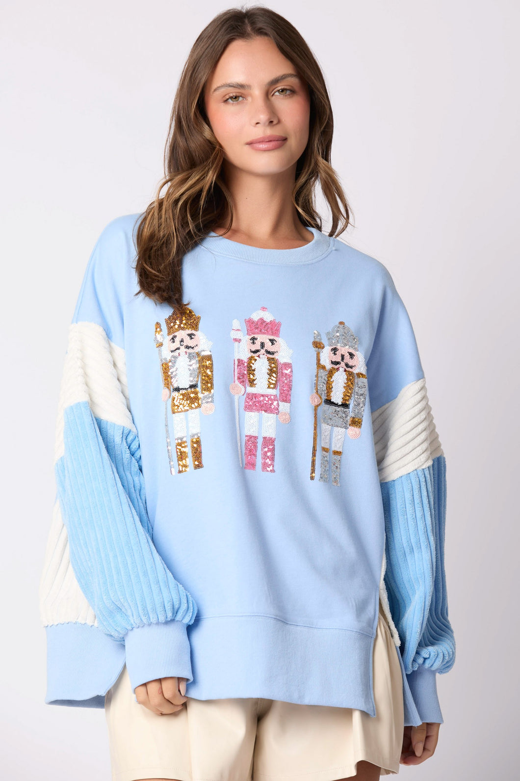 Peach Love OVERSIZED Terry Knit Sweatshirt with Contrasting Sleeves and Sequin Nutcrackers in Baby Blue/White