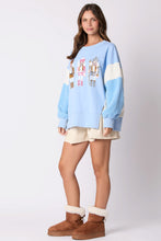 Load image into Gallery viewer, Peach Love OVERSIZED Terry Knit Sweatshirt with Contrasting Sleeves and Sequin Nutcrackers in Baby Blue/White
