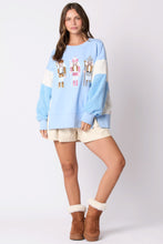 Load image into Gallery viewer, Peach Love OVERSIZED Terry Knit Sweatshirt with Contrasting Sleeves and Sequin Nutcrackers in Baby Blue/White
