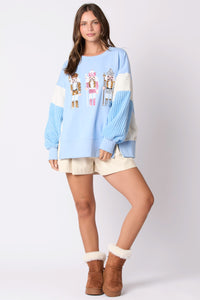 Peach Love OVERSIZED Terry Knit Sweatshirt with Contrasting Sleeves and Sequin Nutcrackers in Baby Blue/White