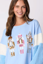 Load image into Gallery viewer, Peach Love OVERSIZED Terry Knit Sweatshirt with Contrasting Sleeves and Sequin Nutcrackers in Baby Blue/White
