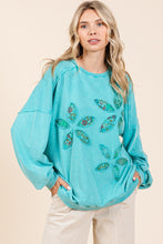 Load image into Gallery viewer, Mittoshop French Terry Pullover Top with Textile Flower Patches in Seafoam
