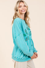 Load image into Gallery viewer, Mittoshop French Terry Pullover Top with Textile Flower Patches in Seafoam
