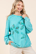 Load image into Gallery viewer, Mittoshop French Terry Pullover Top with Textile Flower Patches in Seafoam
