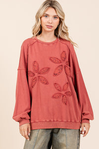 Mittoshop French Terry Pullover Top with Textile Flower Patches in Rust