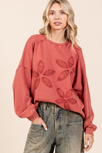 Mittoshop French Terry Pullover Top with Textile Flower Patches in Rust