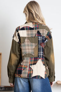 BlueVelvet Mixed Plaid Patchwork Jacket with Star Patches in Olive