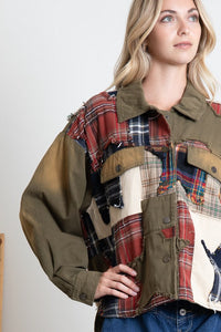 BlueVelvet Mixed Plaid Patchwork Jacket with Star Patches in Olive