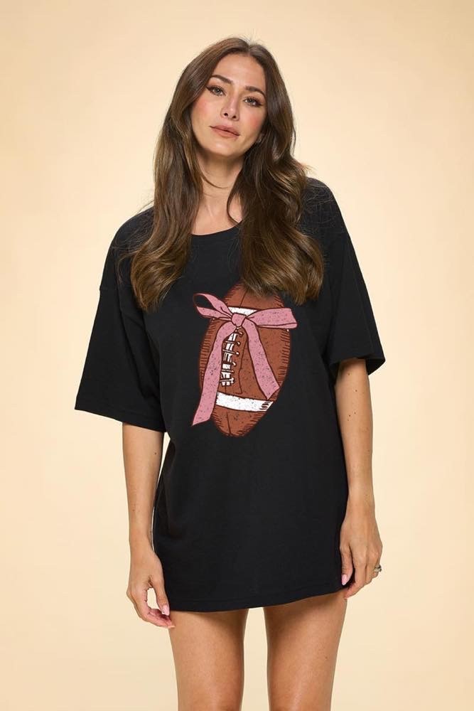 Zutter OVERSIZED Graphic Print Coquette Bow Football T-Shirt in Black