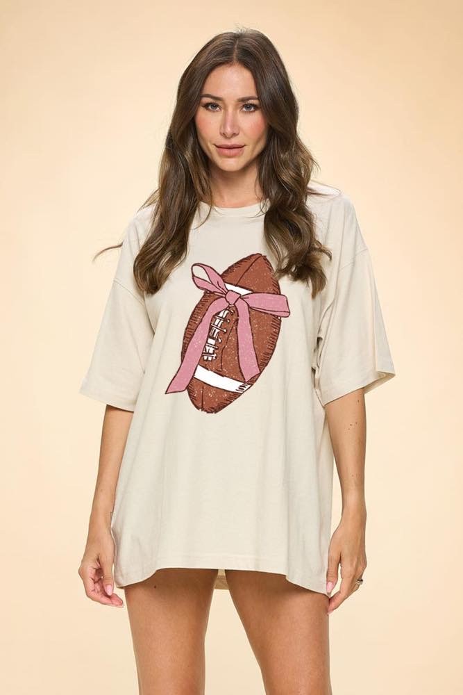 Zutter OVERSIZED Graphic Print Coquette Bow Football T-Shirt in Bone