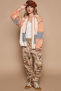 POL Thermal Knit Jacket with Patches in Toasted Almond Multi