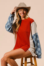 Load image into Gallery viewer, BiBi OVERIZED Colorblock Top with Checkered Denim Sleeves in Rust Mix
