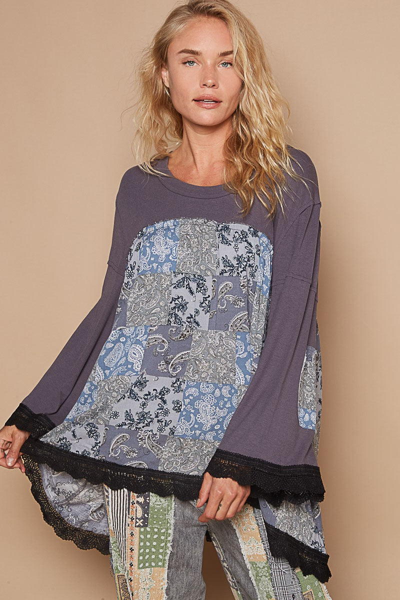 POL Ribbed and Mixed Floral Print Knit Top in Charcoal