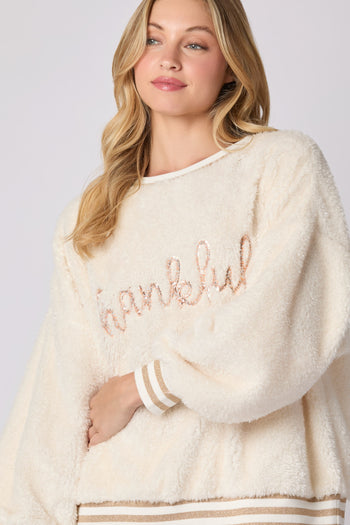 Peach Love THANKFUL Sequin Sweatshirt in Ivory