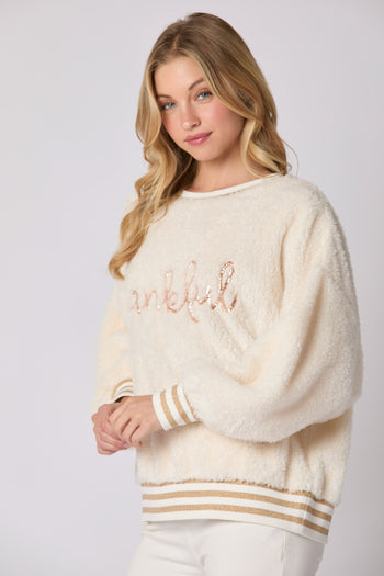 Peach Love THANKFUL Sequin Sweatshirt in Ivory