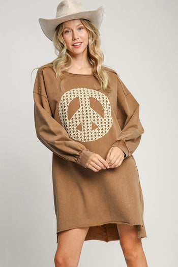 Umgee Solid Color French Terry Dress with Peace Sign Applique in Camel