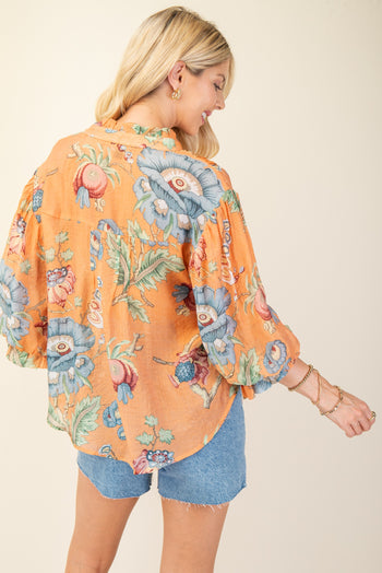 GiGio Mixed Print Button Down Top in Coral