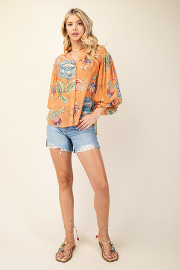 GiGio Mixed Print Button Down Top in Coral