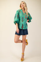 GiGio Mixed Print Button Down Top in Green ON ORDER