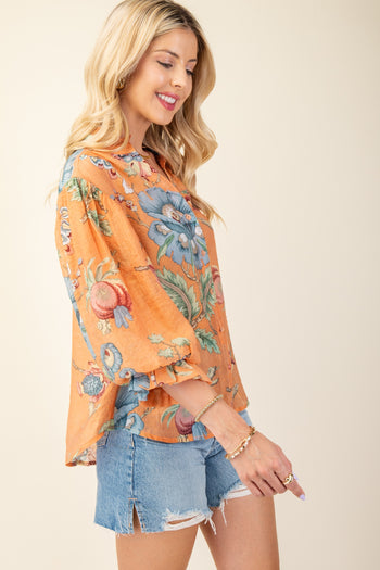GiGio Mixed Print Button Down Top in Coral