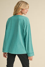 Load image into Gallery viewer, Jodifl Solid Color Top with Large Multi Color Flower Patch on Front in Teal
