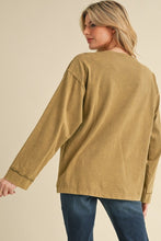 Load image into Gallery viewer, Jodifl Solid Color Top with Large Multi Color Flower Patch on Front in Olive
