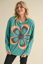 Load image into Gallery viewer, Jodifl Solid Color Top with Large Multi Color Flower Patch on Front in Teal
