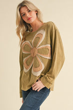 Load image into Gallery viewer, Jodifl Solid Color Top with Large Multi Color Flower Patch on Front in Olive
