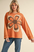 Load image into Gallery viewer, Jodifl Solid Color Top with Large Multi Color Flower Patch on Front in Toffee
