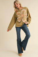 Jodifl Solid Color Top with Large Multi Color Flower Patch on Front in Olive