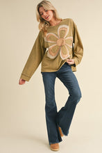 Load image into Gallery viewer, Jodifl Solid Color Top with Large Multi Color Flower Patch on Front in Olive
