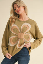 Load image into Gallery viewer, Jodifl Solid Color Top with Large Multi Color Flower Patch on Front in Olive
