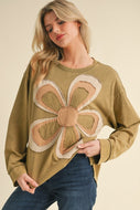 Jodifl Solid Color Top with Large Multi Color Flower Patch on Front in Olive