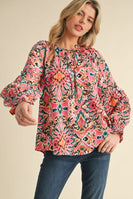 Jodifl Multi Colored Mixed Print Peasant Top in Pink Mix